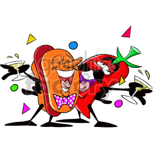 Two cartoon characters, a hotdog and a chili pepper, are having fun at a celebration with drinks and laughter. They are hugging and appear happy, surrounded by colorful confetti.