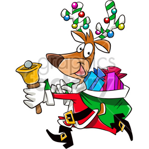 A festive reindeer character dressed as Santa, running with a sack full of colorful gifts and ringing a bell.