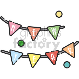 Colorful New Year's party banner with triangular flags and decorative circles.