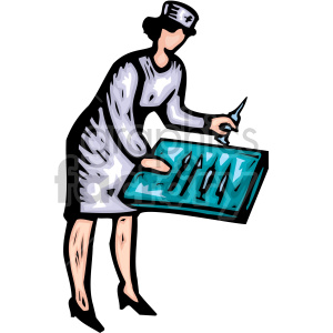 Clipart image of a nurse holding a tray with medical instruments.