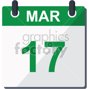 A clipart image of a calendar displaying March 17, associated with St. Patrick's Day.