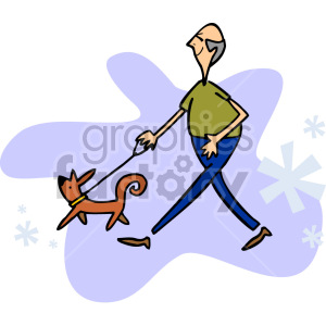 A cartoon illustration of a bald man wearing a green shirt and blue pants walking a small brown dog on a leash. The background features blue abstract shapes and snowflakes.