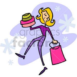 Clipart image of a woman shopping, carrying bags and wearing stylish clothes.