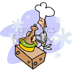 A cartoon chef with a white hat and apron is joyfully shaping clay on a pottery wheel.