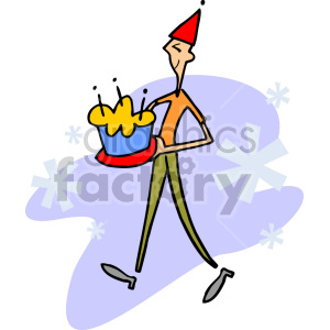 A cartoon-style clip art of a man wearing a party hat, holding a birthday cake with lit candles, set against a festive background.