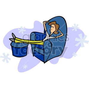 Clipart image of a person relaxing in a blue armchair with legs stretched out on a footstool, surrounded by a purple background with star-like shapes.