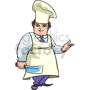 A cartoon-style illustration of a chef with a large hat and apron holding a cleaver.