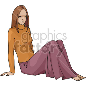 Clip art of a girl with brown hair wearing a long-sleeved orange top and purple skirt, sitting on the ground.