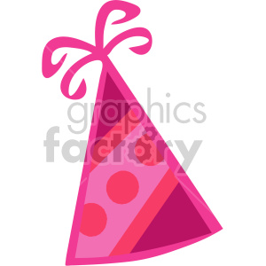   The image depicts a pink and purple party hat with a playful design, featuring a ribbon on the top and polka dots. The hat is a typical accessory used for celebratory events such as New Year