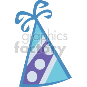 This clipart image features a colorful party hat typically worn during celebrations. The hat is conical in shape with a ribbon tied at the top, creating a playful bow. It has a pattern that incorporates diagonal stripes and polka dots in shades of blue and purple.