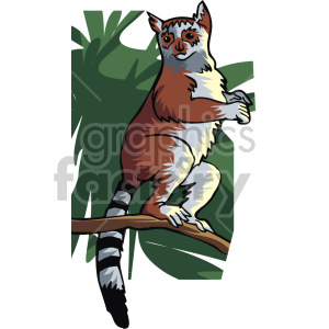 The clipart image shows a lemur, an animal commonly found in zoos and the wild, sitting on a tree branch looking at you. It has greenery in the background, and is standing upright
