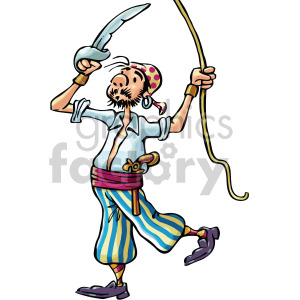 Cartoon image of a pirate man with a sword and holding a rope.