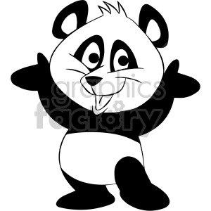 The image is a black-and-white clipart illustration of a panda bear. The panda appears cartoonish, with exaggerated features like large, expressive eyes, a wide smiling mouth, and its arms spread open as if gesturing a friendly welcome or hug.