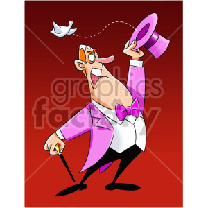 Clipart image of a male magician wearing a pink suit and hat, holding a wand, and performing a magic trick with a white dove.