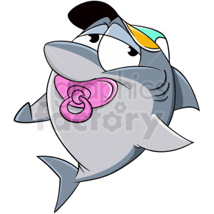   The image features a cartoon representation of a baby shark. The shark is grey with white underbelly and fins outlined in a darker shade of grey. It has prominent, friendly eyes that are looking upwards, a large fin on its back, and a tail fin. Notably, the baby shark has a pink pacifier (also known as a binky) in its mouth, adding to the infant-like character. The shark also appears to be wearing a small, multicolored cap or hat on the top of its head, suggesting a playful, childish theme. 