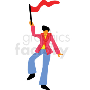 A vibrant clipart image of a man celebrating, holding a red flag. He is wearing a red jacket, yellow shirt, blue pants, and black shoes, depicting a festive or party atmosphere.