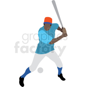 Illustration of an African American man playing baseball, holding a bat and wearing a blue shirt, white pants, and an orange cap.