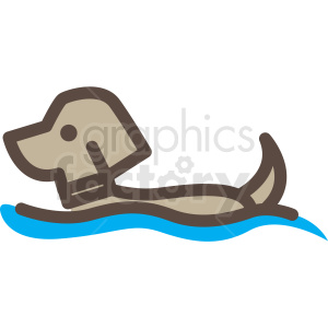   The clipart image shows a simplified depiction of a brown dog swimming in blue water. The dog is represented in a cartoonish style, commonly used in illustrations for children