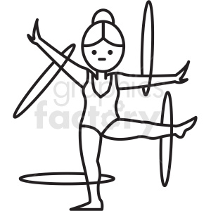 A clipart image of a person performing a rhythmic gymnastics routine with multiple hula hoops. The figure is drawn in a simple black and white style and is shown balancing on one leg, with one arm extended.