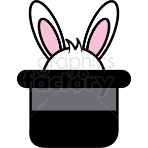 A clipart image of a white rabbit with pink ears peeking out from a black magician's top hat.