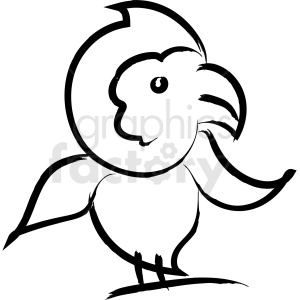 A minimalist black and white line drawing of a parrot. The illustration features simple, smooth lines that make up the shape of the parrot with distinctive features such as its beak and wings.