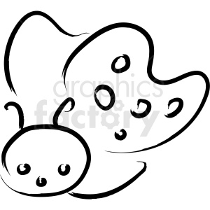 The image is a black and white line drawing of a stylized butterfly. The butterfly has a simple, circular head with antenna and a pair of large, wing-like shapes with spots on them.