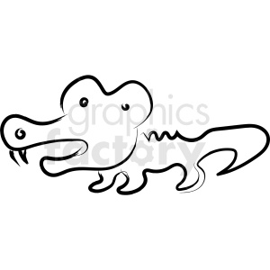 Simple black-and-white clipart image of a cartoon crocodile with exaggerated features such as a large head, big eyes, and fangs.