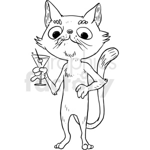   The image is a black and white clipart depicting an anthropomorphic cat character standing upright and holding a cocktail glass, presumably containing a martini with an olive. The cat has a somewhat surprised or inebriated expression, with large eyes and a slight frown. There is no visible tattoo, nor any clear indication that the cat is at a party or drunk; these interpretations would be based on the viewer