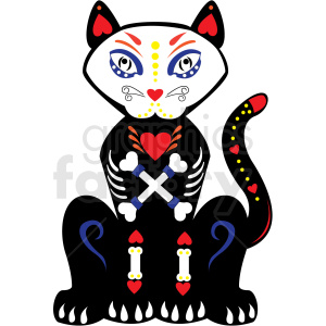 The image is a stylized depiction of a black cat with a skeleton painted on its body. The skeleton's design includes white bones with colorful accents such as blue, yellow, and red hearts. The cat has a lively facial expression with eyes detailed in blue, an ornate nose and whiskers, and red and white ears. The picture is likely representative of a cat dressed or painted for a Day of the Dead celebration or could be a Halloween-themed decoration.