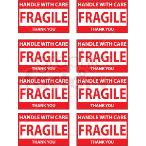 The clipart image displays a series of red and white labels with the text HANDLE WITH CARE FRAGILE THANK YOU. There are multiple identical labels arranged in a grid pattern, likely meant to be cut out and used for packaging or shipping fragile items.