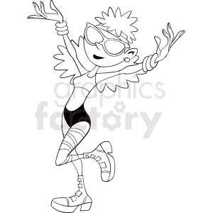 A lively cartoon character with spiky hair and sunglasses, dressed in a rave outfit with boots and arm cuffs, dancing energetically.