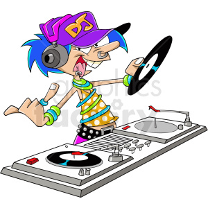 Cartoon DJ character with blue hair and colorful outfit playing music on turntables.