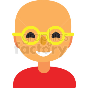 A clipart image of a smiling bald man wearing round yellow glasses and a red shirt.