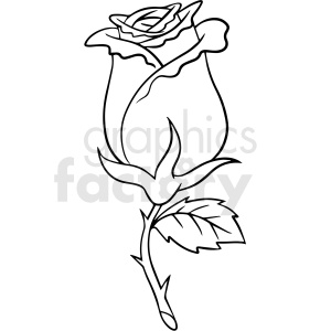 The clipart image shows a black and white vector illustration of a rose flower. It appears to be stylized as a tattoo design, with bold lines and shading to create contrast between the petals and leaves.
