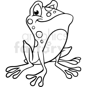 The image shows a line art illustration of a cartoon frog. The frog appears to be smiling and has large eyes, spotted skin, and is in a sitting position with its limbs spread out.