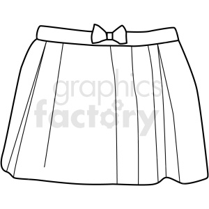 A black and white clipart image of a skirt with a bow at the waistband. The skirt features several pleats and a simple design.