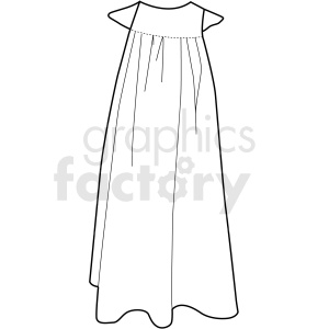 A black and white clipart image of a long dress with a high waistline and wide, flowing skirt. The dress has short sleeves and simple design lines.