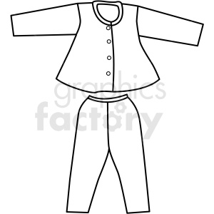 Black and white clipart image of a two-piece outfit consisting of a long-sleeved button-up shirt and a pair of pants.