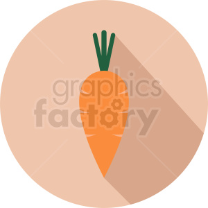 A simple and clean clipart image of an orange carrot with green leaves on a beige circular background. The image features a long shadow effect.