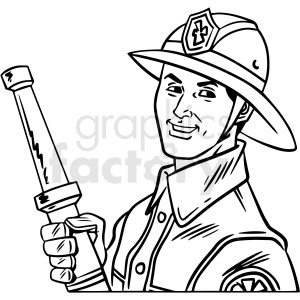 Clipart image of a firefighter wearing a helmet and uniform, holding a fire hose nozzle.