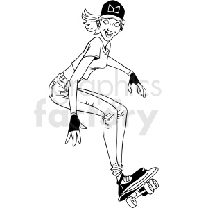 black and white cartoon female skater vector illustration