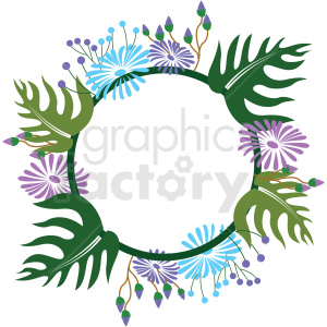 A colorful floral wreath with green leaves, blue flowers, and purple blossoms forming a circular frame.