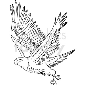 A detailed black and white clipart image of an eagle in flight with wings spread wide.
