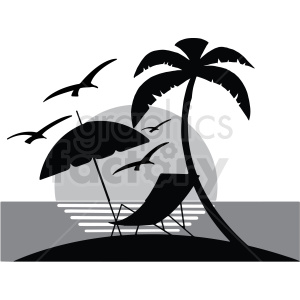 Silhouette of a tropical island scene with a palm tree, beach chair, umbrella, birds, and a sunset.