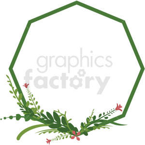Clipart image of a green hexagon frame decorated with green leaves and small pink flowers at the bottom.