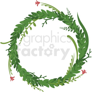 A clipart image of a circular green leaf wreath with small pink flowers on a white background.