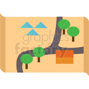 A colorful clipart illustration of a simple map depicting a road with intersections, trees, a house or building, and triangular mountains or hills.