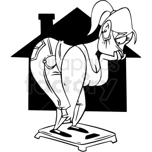 A cartoon woman wearing a mask stands on a scale, appearing concerned, with a house silhouette in the background.