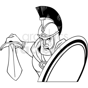 Illustration of a Trojan warrior holding a sword and shield, wearing a plumed helmet.