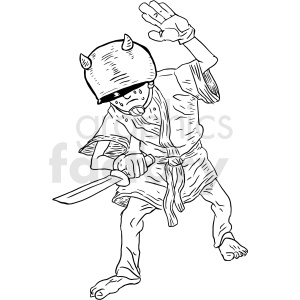 A black and white clipart image of a character wearing a helmet with horns, holding a sword, and in a combat stance.
